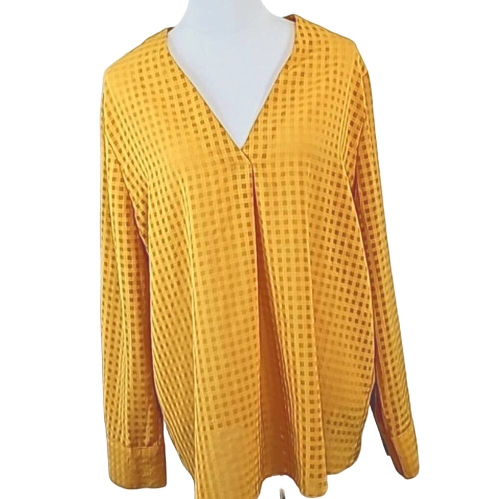 Banana Republic Sz XL Gold V-neck Window Pane Design Long Sleeve Popover Blouse